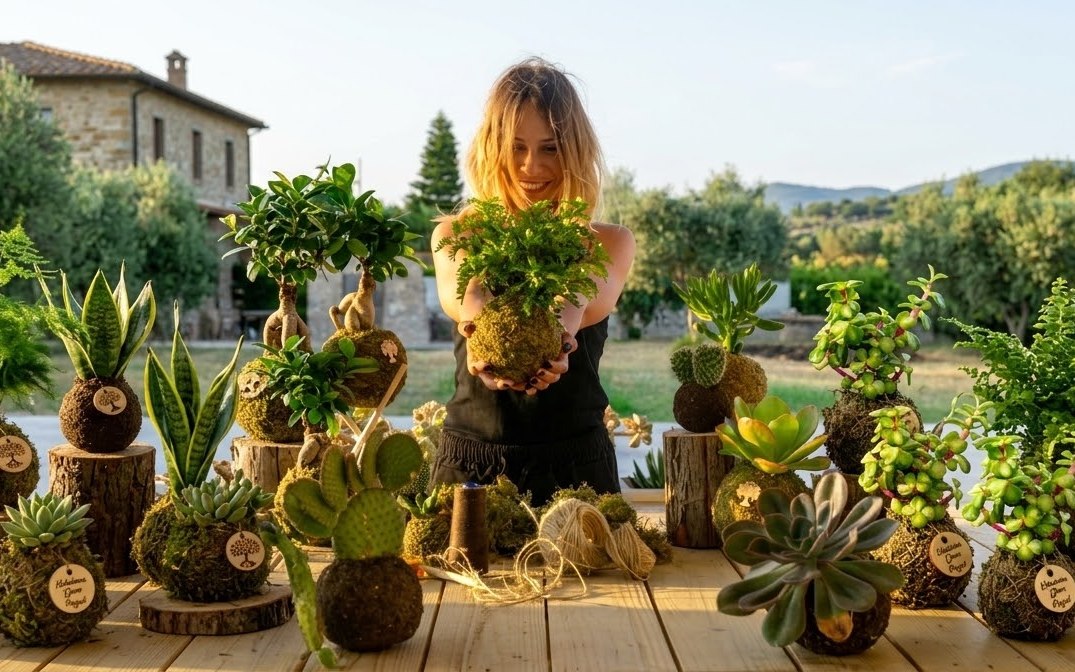 Collezione di kokedama esposte su basi in legno con la titolare di Kokedama Green Project